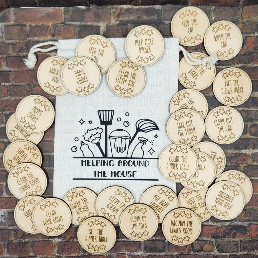 Laser Engraved Wood Chore Token Set with Muslin Bag, NWT